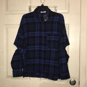 Cute Blue Flannel w holes at the elbows